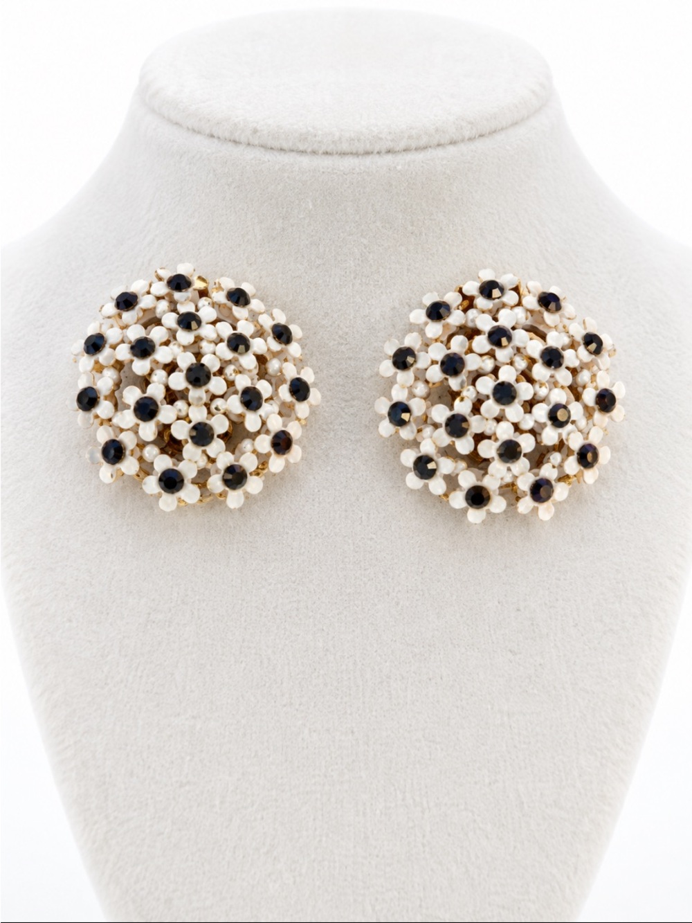 Black & White “VTG” Floral Cluster Clip-On Earrings Gold Tone Statement
